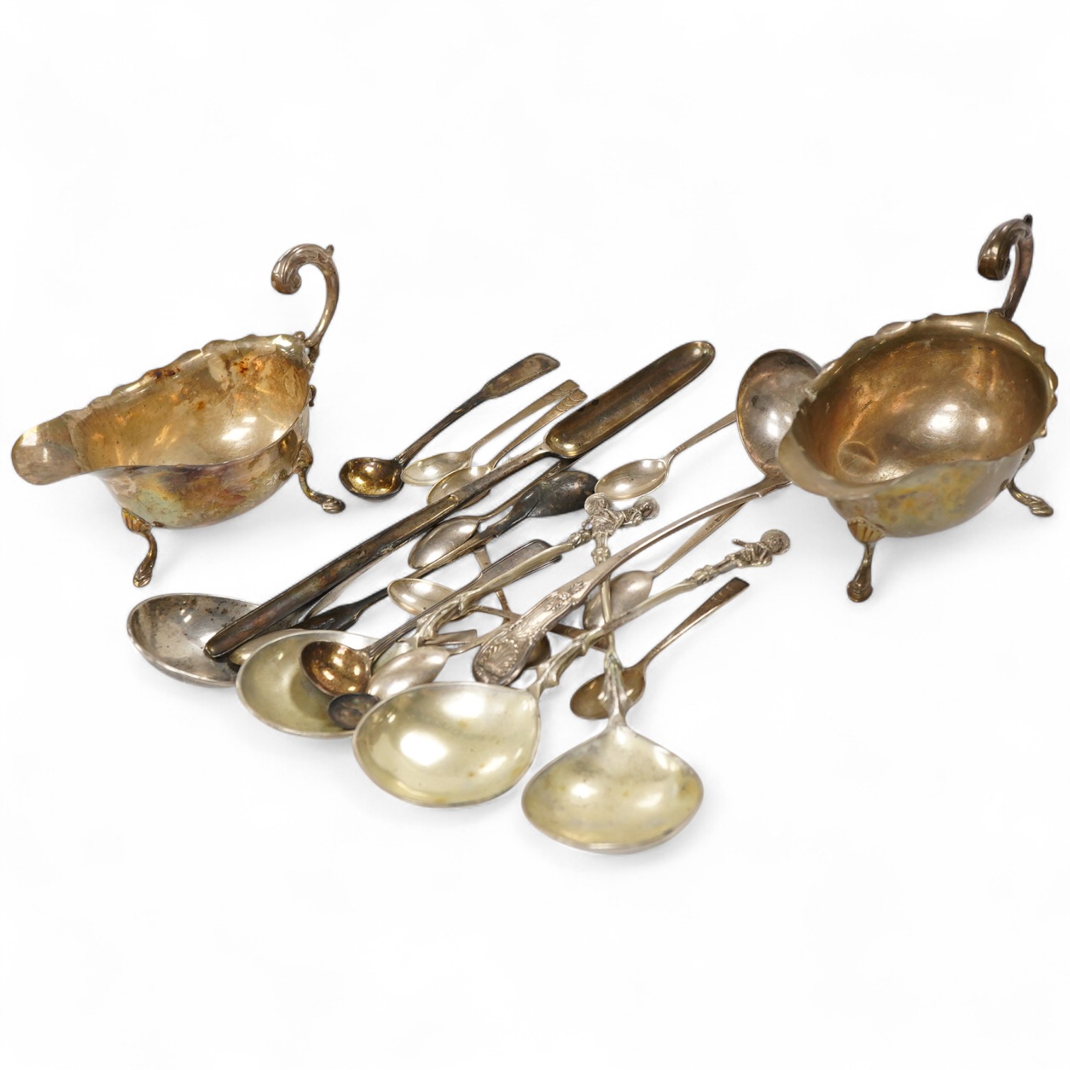 Sundry silver, consisting of - a pair of George V sauce boats, S. Blanckensee & Sons Ltd, Birmingham, 1936, a George III marrow scoop, Peter & Ann Bateman, London, 1793, a Victorian Scottish Kings pattern sauce ladle, te